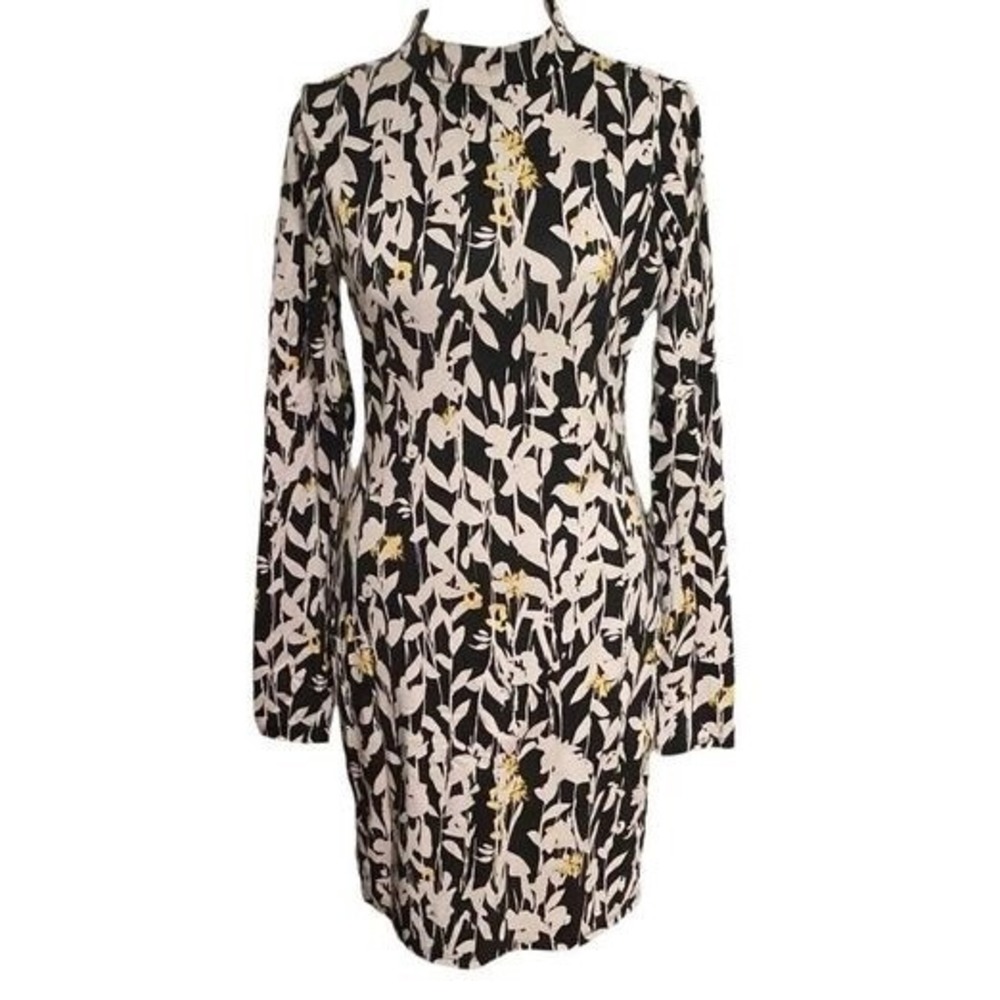 GUESS Womens Black Cream Yellow Floral Mock Neck Long Sleeve Bodycon Dress M